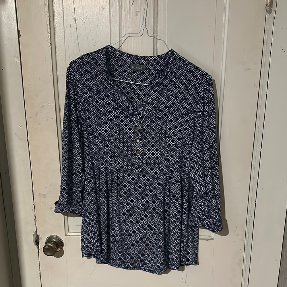 Roz & Ali Blue 3/4 Sleeve Mandarin Collar Blouse
